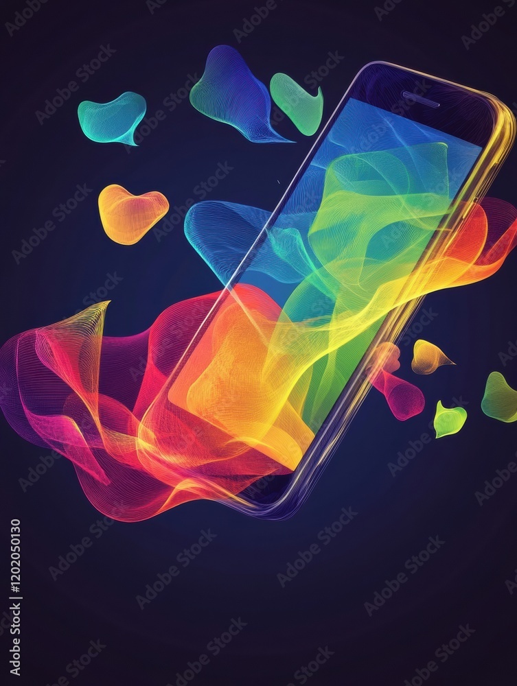 Poster bright chat bubbles flow from smartphone in vibrant colors amidst dark background, showcasing modern
