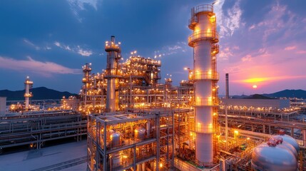Illuminated petrochemical plant at sunset, industrial complex, energy production, night scene, for industrial reports