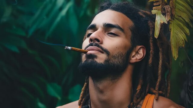 portrait of handsome smoking man with beard and dreadlock hairstyle