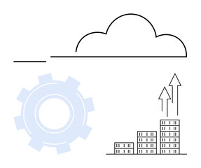 Minimalist design with cloud, gear, bar chart, and rising arrows. Ideal for innovation, technology, growth, cloud services data management success and process optimization. Abstract line flat