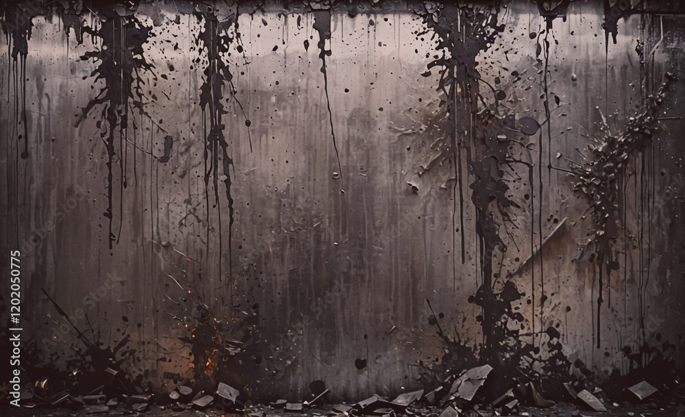 Poster a wall with graffiti and splatters of paint. the wall is covered in black paint and has a lot of tex