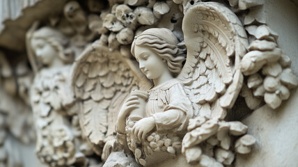 Obraz premium medieval cathedral facade’s detailed stone carvings, depicting religious figures, angels, and intricate floral patterns,