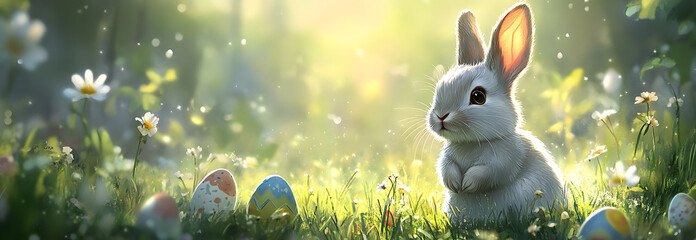 Eastern bunny sitting in a green grass field on a sunny, bright morning next to colorful easter eggs. Photo is wide format, perfect for banners and marketing campaigns