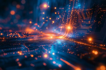 Obraz premium Abstract Digital Circuitry Glowing With Orange And Blue Lights