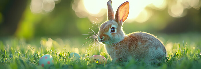 Eastern bunny sitting in a green grass field on a sunny, bright morning next to colorful easter eggs. Photo is wide format, perfect for banners and marketing campaigns