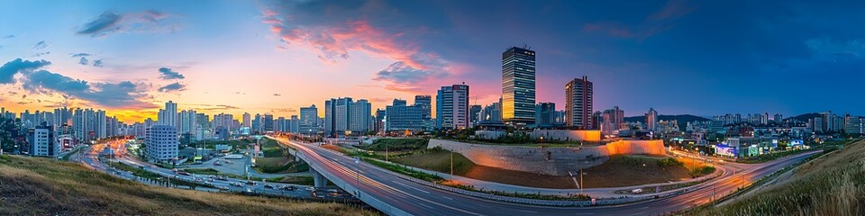 Fototapeta premium A city skyline with a large highway in the middle