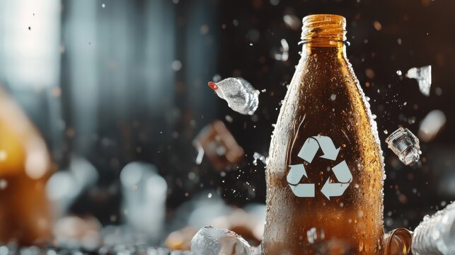 Bottle of beer featuring a recycling symbol for environmental awareness and sustainability - Powered by Adobe