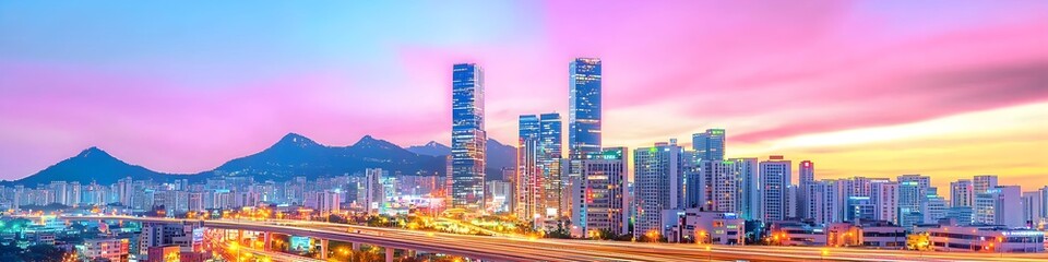 Obraz premium A city skyline with a mountain range in the background