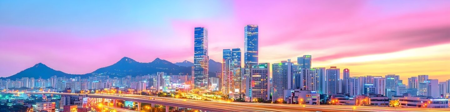 A city skyline with a mountain range in the background