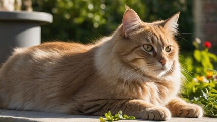 Fawn british longhair cat lying outside in the garden