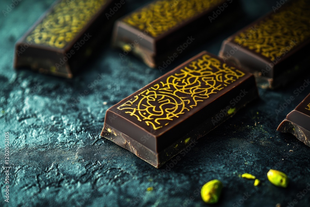 Aufkleber cut chocolate bars with pistachio filling displayed on a golden plate adorned with arabic patterns. 