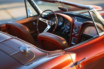 Obraz premium Interior of a vintage convertible car showcasing classic design and craftsmanship.
