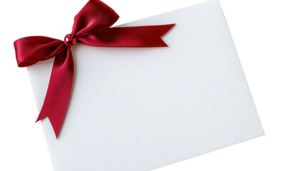Elegant white card with red ribbon bow isolated on white background