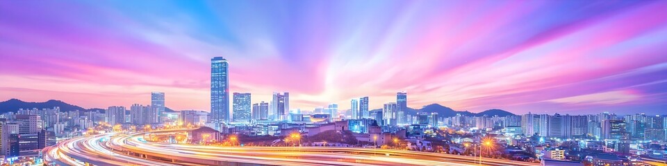 Fototapeta premium A city skyline with a purple sky in the background