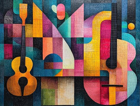 Abstract geometric art featuring two guitars in vibrant colors and textured patterns. Suitable for music lovers and modern art enthusiasts as wall art or phone wallpaper.