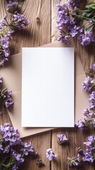 Obraz premium Blank White Card Mockup with Purple Flowers on Rustic Wooden Background