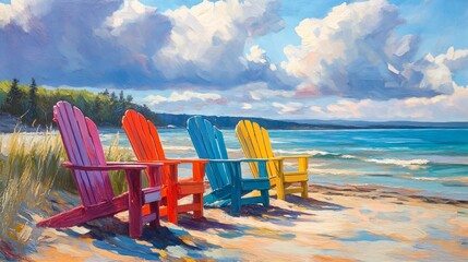 Beach Scene with Adirondack Chairs and Colorful Clouds.