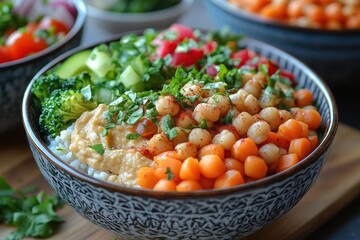 colorful bowl filled with fresh, healthy vegetables like carrots and broccoli, topped with creamy hummus, embodying a visually appealing and nutritious meal