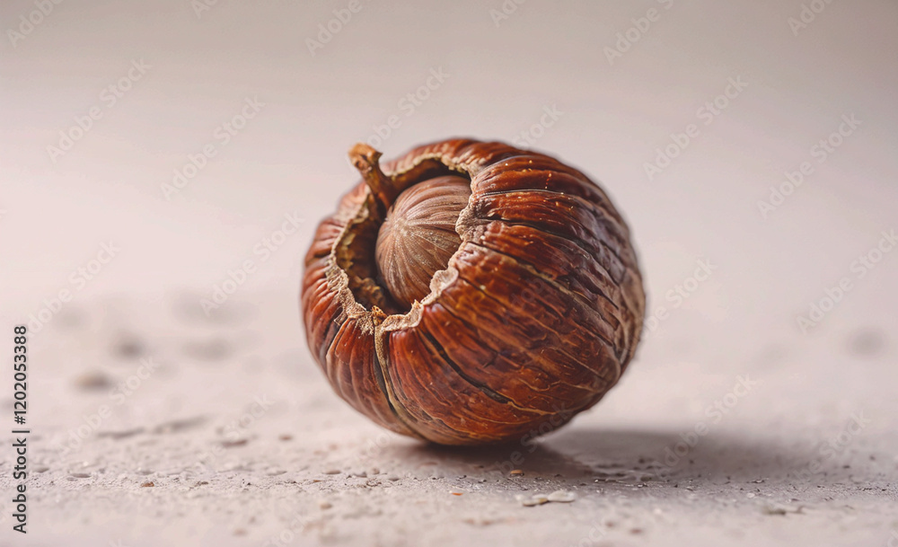 Poster A nut is sitting on a table. The nut is brown and has a hole in it. The nut is not whole and is not in a shell