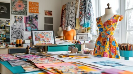 Fototapeta premium Designer's sunny studio, dress on mannequin, fabric swatches, artwork