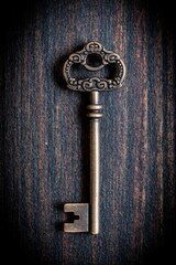 Vintage Brass Key on a Dark Textured Background