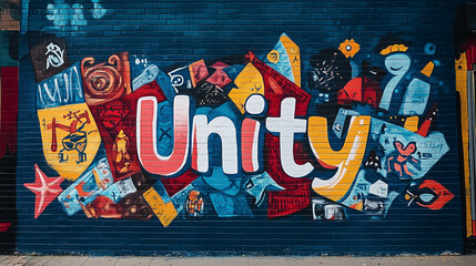 Vibrant urban mural emphasizing the concept of Unity in a colorful city environment