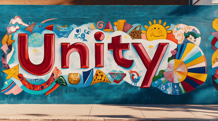 Bright urban mural showcasing the word Unity with vibrant colors and diverse symbols of togetherness and community spirit