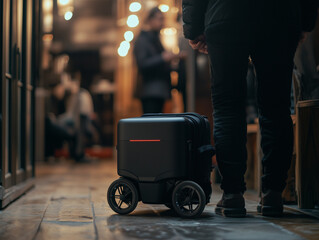 Corporate meeting in a modern venue featuring a robotic delivery unit at the forefront, showcasing technological advancements in business settings