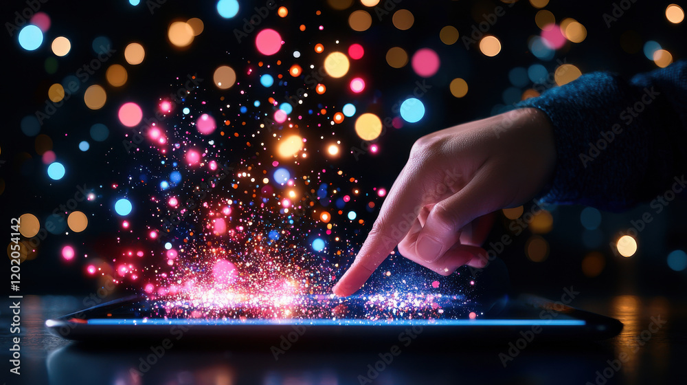 Poster hand interacting with tablet, creating colorful sparks and lights in dark environment, showcasing di