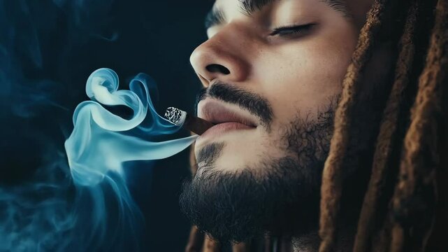 close up of smoking african man with beard and dreadlock hairstyle