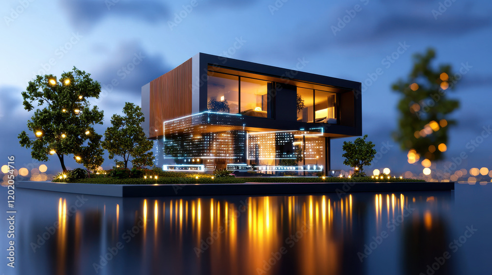 Poster modern smart home design with illuminated features, surrounded by water and greenery, showcasing blend of technology and nature