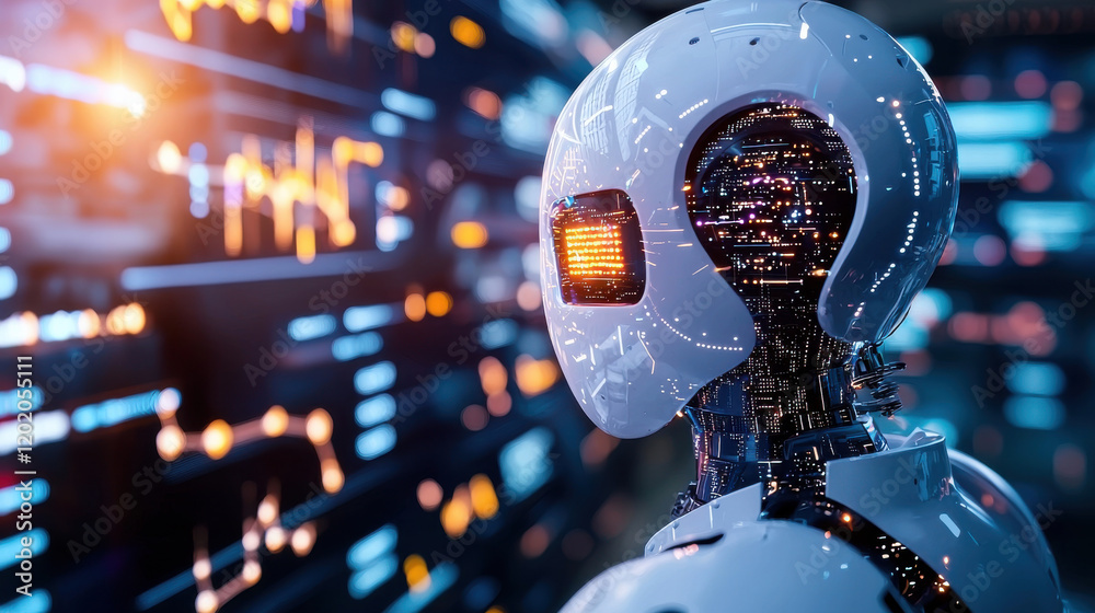Aufkleber futuristic robot with glowing interface stands against digital backdrop, showcasing advanced technology and innovation. scene evokes sense of wonder and possibility