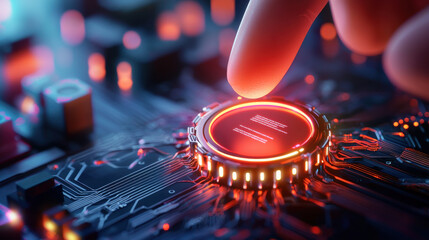 close up view of finger touching glowing circuit board component, showcasing intricate electronic details and vibrant colors. image evokes sense of advanced technology and innovation