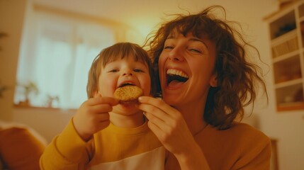 Mom feeding cookies to baby and smiling, cozy family scene
