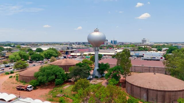 Wide Establishing Drone Shot Onion Head - Water tank ll Gaborone City Scape , Botswana - Africa