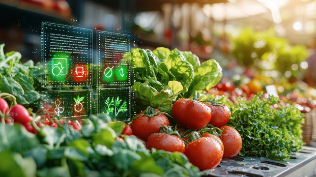 vibrant display of fresh vegetables with digital technology overlay, showcasing futuristic approach to farming and sustainability
