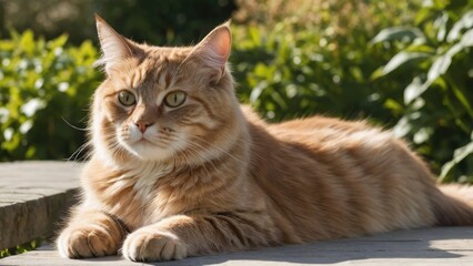Obraz premium Fawn british longhair cat lying outside in the garden