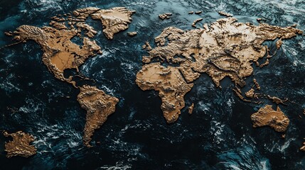 Golden Embossed World Map: A 3D Topographical Artwork