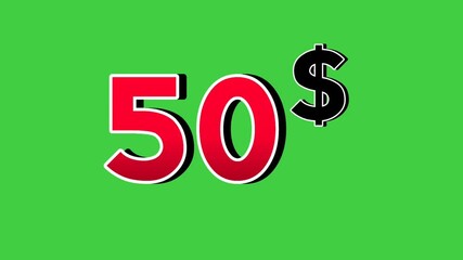 50 dollars price tag animation motion graphics green screen background.dollars reveal on smooke for wholesale or black Friday event business concept video element