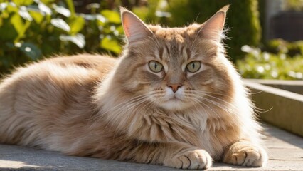 Fototapeta premium Fawn british longhair cat lying outside in the garden