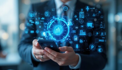 Fototapeta premium Businessman mobile app, digital factory, office background, process optimization