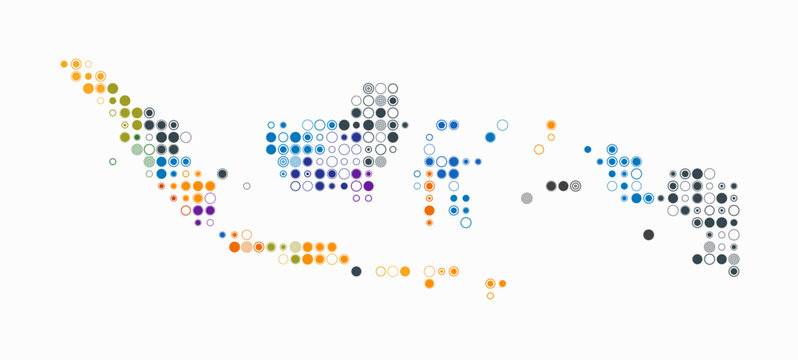 Indonesia, shape of the country built of colored cells. Digital style map of Indonesia on white background. Small size circle blocks. Classy vector illustration.