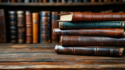 A beautifully arranged stack of vintage leather books on a wooden table, invoking a sense of history and the enjoyment of reading timeless literature.