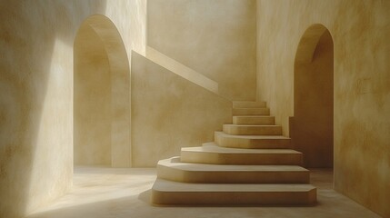 Naklejka premium Sunlit staircase in beige archway interior with soft shadows