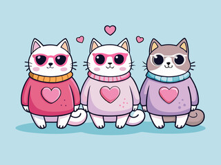 Cute cartoon cats in kawaii style with glasses and sweaters
