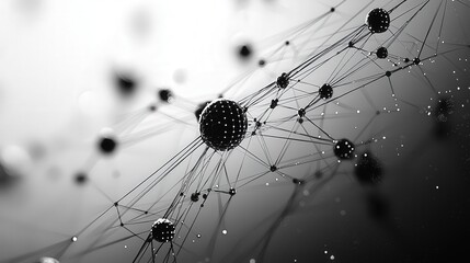 Abstract black and white image of interconnected spheres and lines. Ideal for technology, science, or network-related visuals.