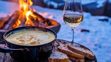 Winter fondue, fire, snow, wine, bread, outdoors, relaxing, meal