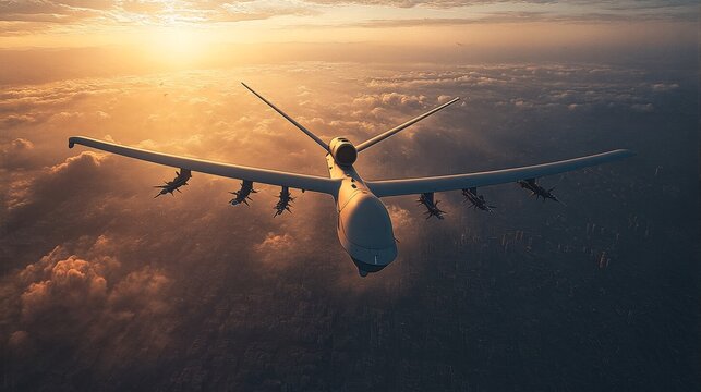 Military drone flies through the sky.