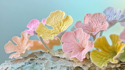 Slender Club Lichen lichen in pastel colors on light background, tender botanical wallpaper, cotton fabric texture, delicate aesthetic effect