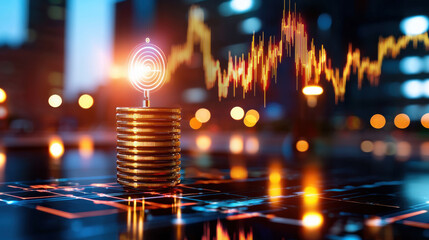 digital representation of financial growth with coins and data visualization, showcasing rise of investments and technology in modern cityscape